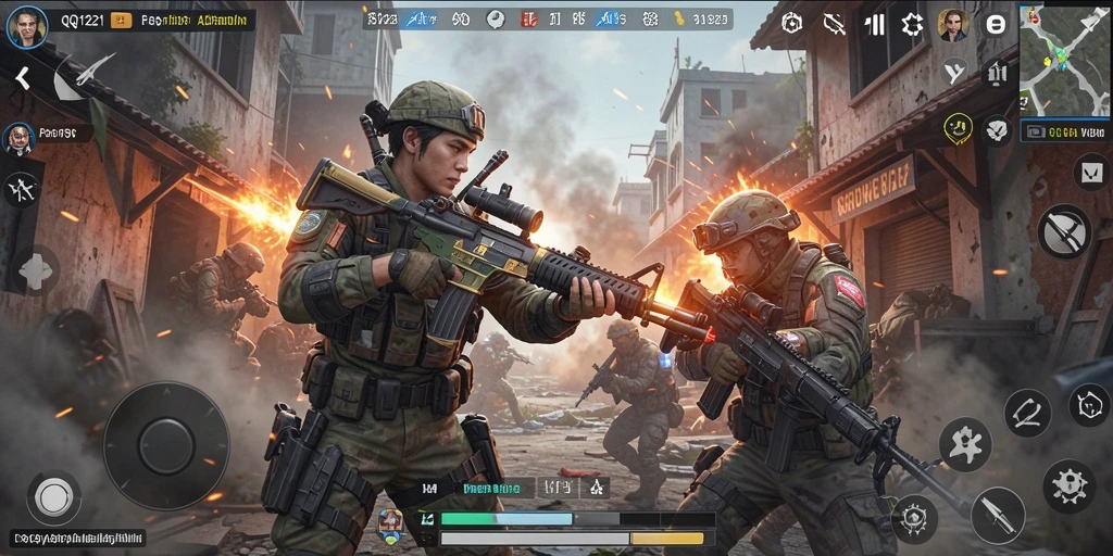 Tangkapan layar gameplay menunjukkan aksi tembak-menembak intens di arena.