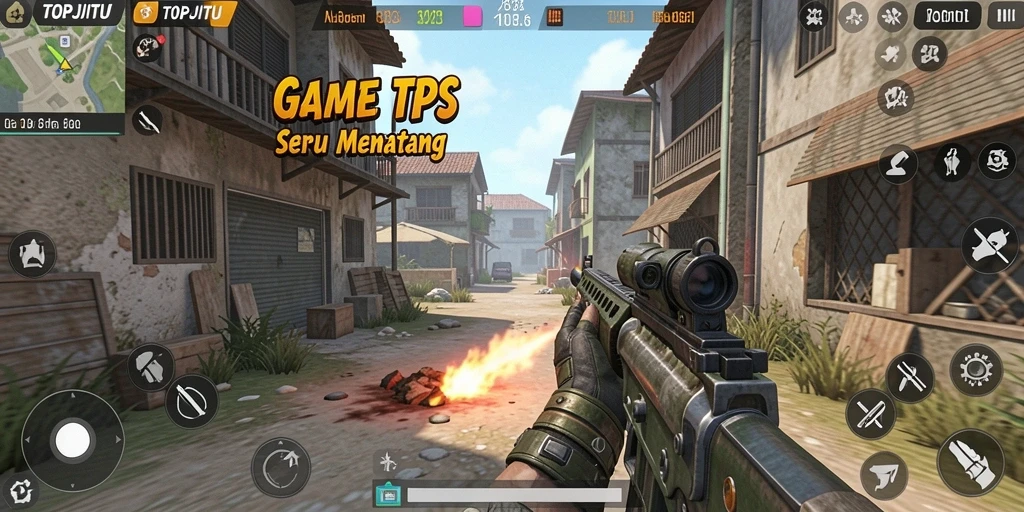 Screenshot utama TOPJITU dengan aksi tembak-menembak yang mendebarkan.