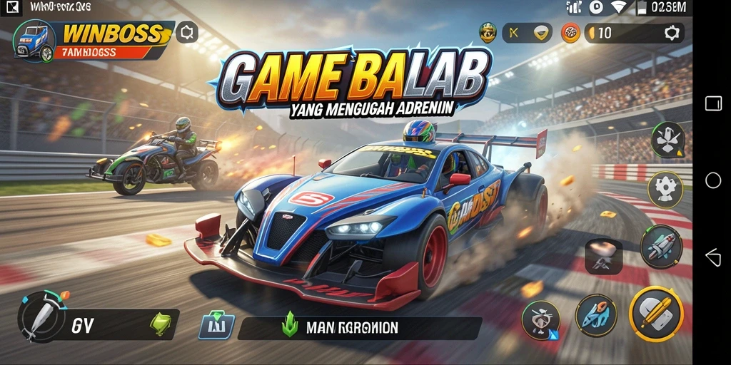 Tampilan gameplay seru dari WINBOSS saat balapan di lintasan.